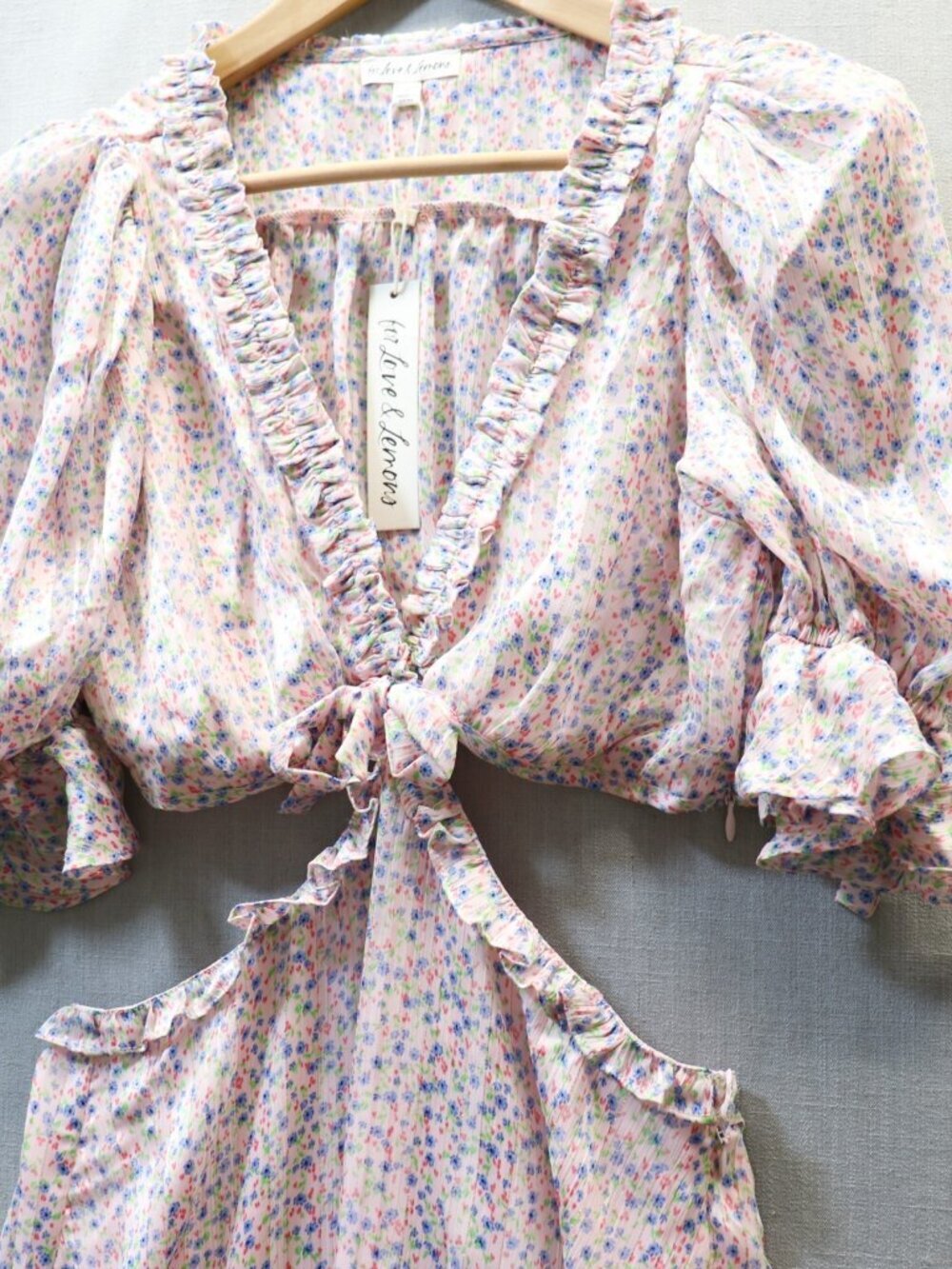 For Love & Lemons Phoebe Floral Mini Dress L Pink Cut Out Puff Sleeve NWT - Picture 5 of 16